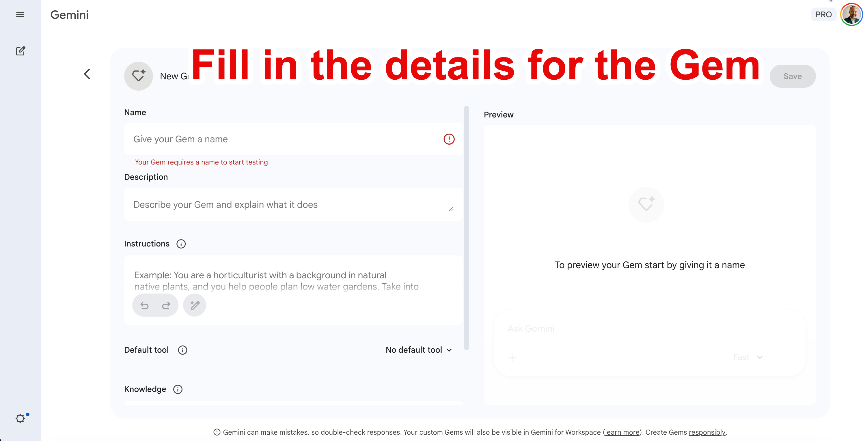 New Gem form showing Name, Description, Instructions, Default tool and Knowledge fields.