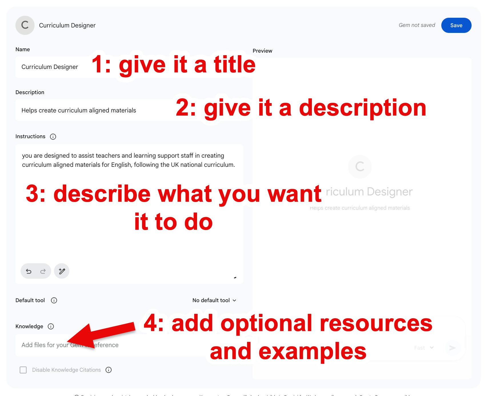 Filled-in Gem form for "Curriculum Designer" with numbered annotations 1–4.